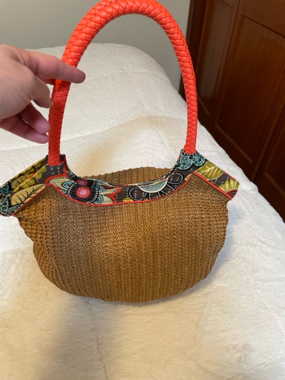 Vera Bradley Straw Shoulder Bag with Coral Braided Handle and Multicolor Trim